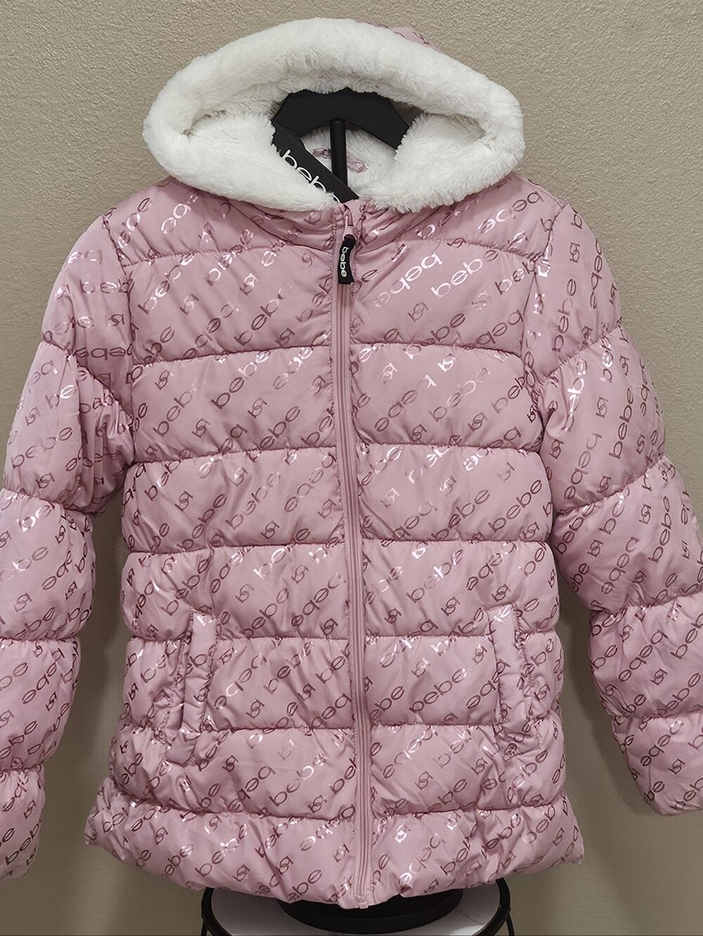 bebe Girls' Pink Quilted Puffer Jacket with White Faux Fur